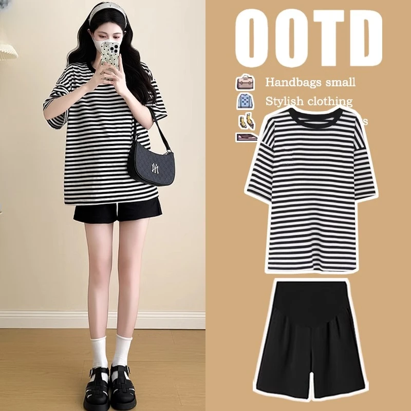 孕妇夏季薄款条纹短袖上衣宽松休闲遮肚托腹短裤两件套夏款套装