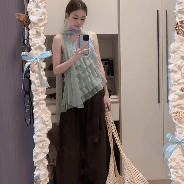 绿野仙踪 复古层叠荷叶边不对称蛋糕层飘带斜肩上衣女休闲阔腿裤