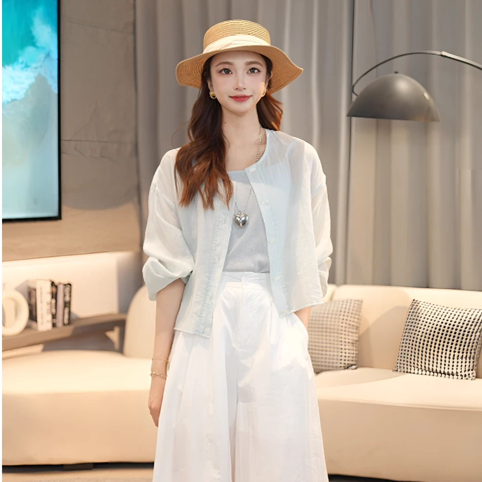 【花开半夏】马克华菲女装夏季欧若风长袖上衣两件套F52026A556qz