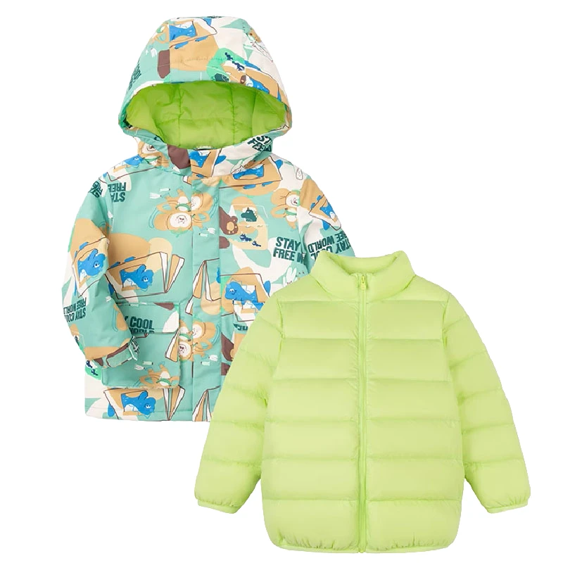 冲锋衣羽绒服冬季印花中小男童二合一两件套秋冬幼童小孩女童连帽