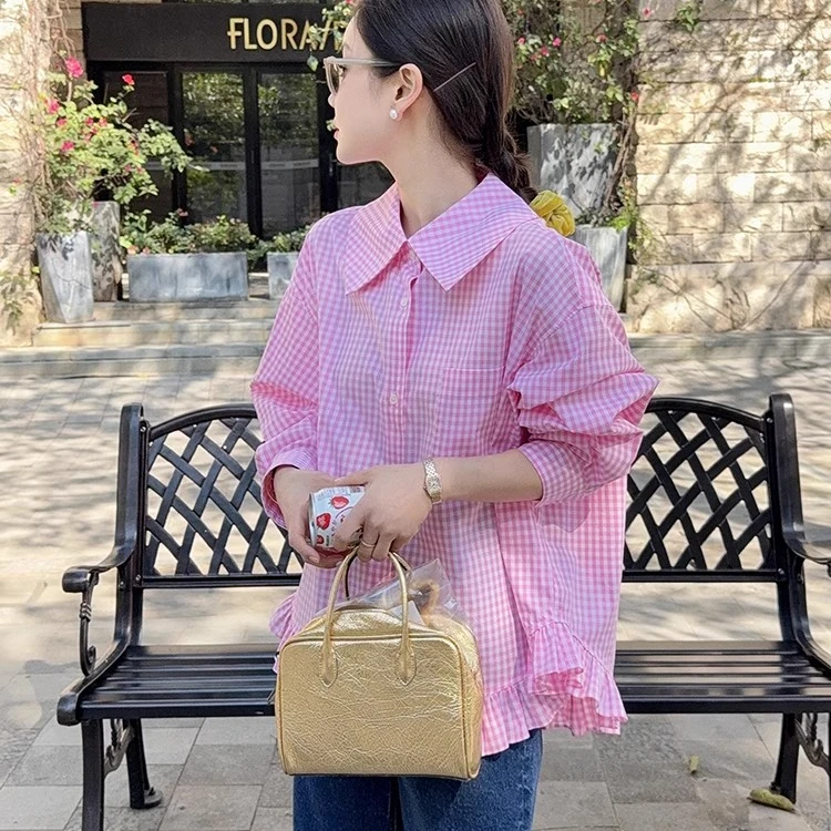 莉贝琳sisy 游乐园衬衫鬼马翻领格纹木耳边长袖小衫女S25102ST01