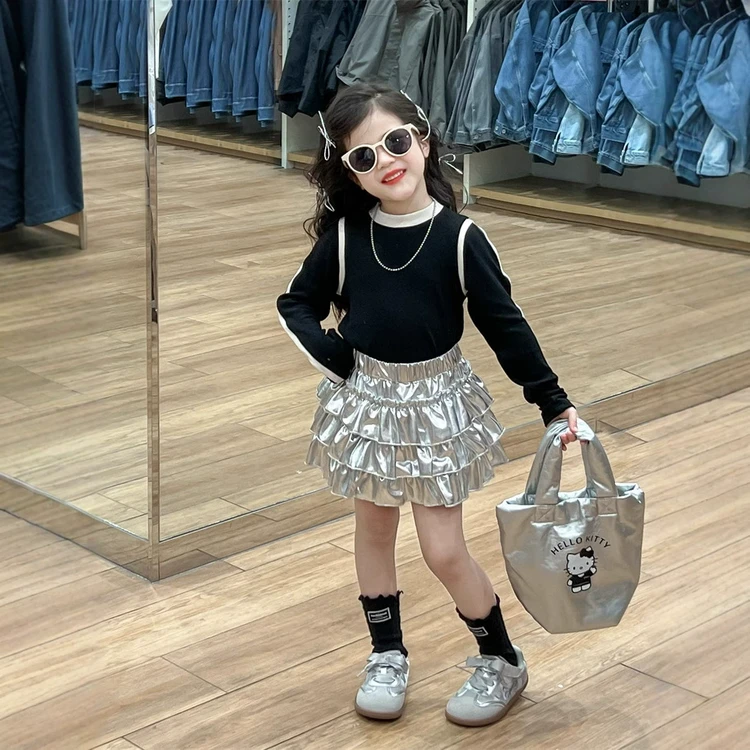 女童黑色拼色长袖圆领T恤2025年春季新款小女孩6打底衫4百搭3岁5