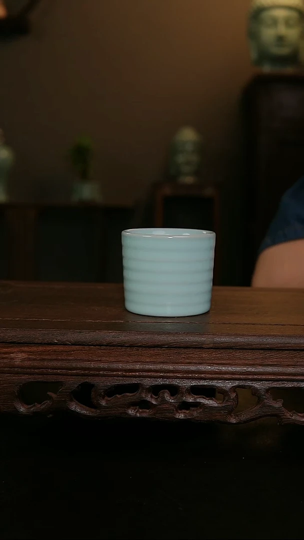摆件天青手工直口炫纹杯 印章