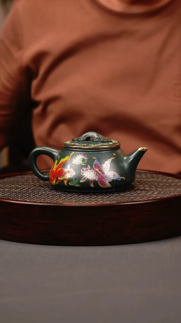 茶壶紫砂绿泥 剑流石瓢 锦鲤珐琅彩