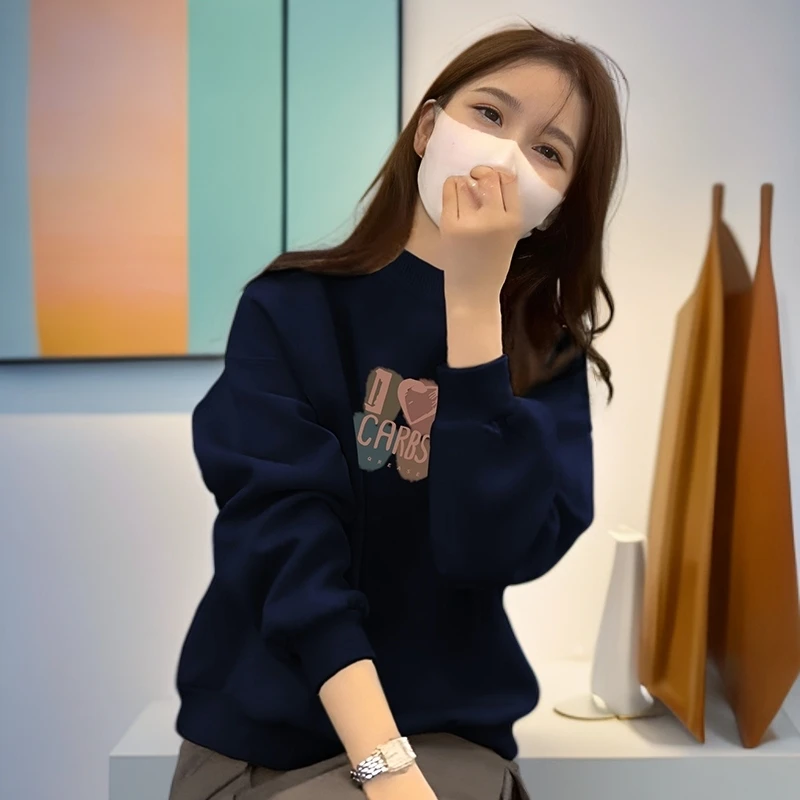 山东即墨加绒保暖卫衣女2025新款秋冬季半高领打底衫加厚长袖上衣