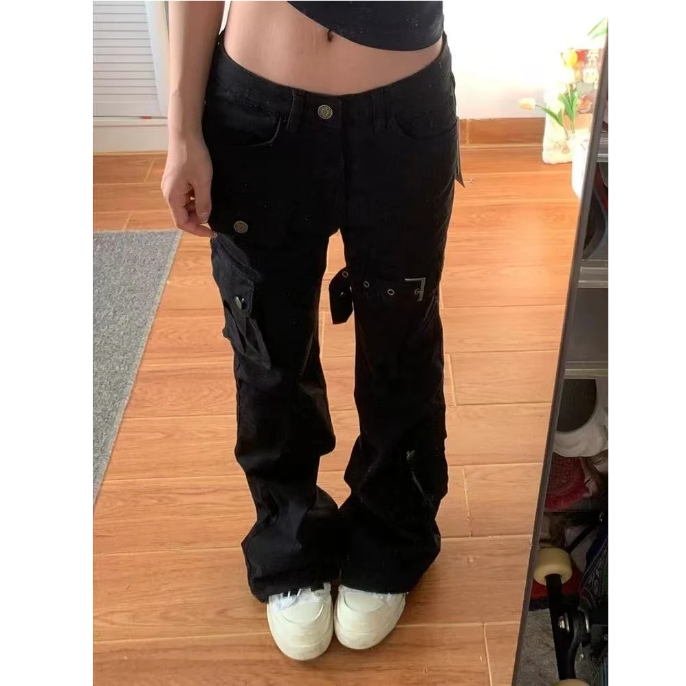 美式黑色微喇牛仔裤女秋季新款设计感皮带拼接修身显瘦辣妹喇叭裤