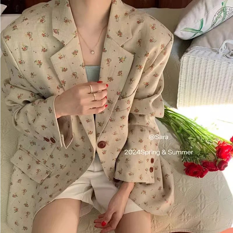 2025新款秋季韩版女装宽松高级感碎花西装外套法式小众气质西服女