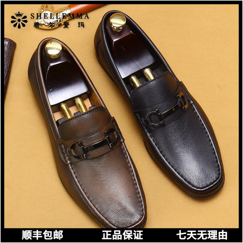 希尔爱玛真皮豆豆鞋男款乐福鞋高级高端皮鞋英伦风一脚蹬休闲男鞋