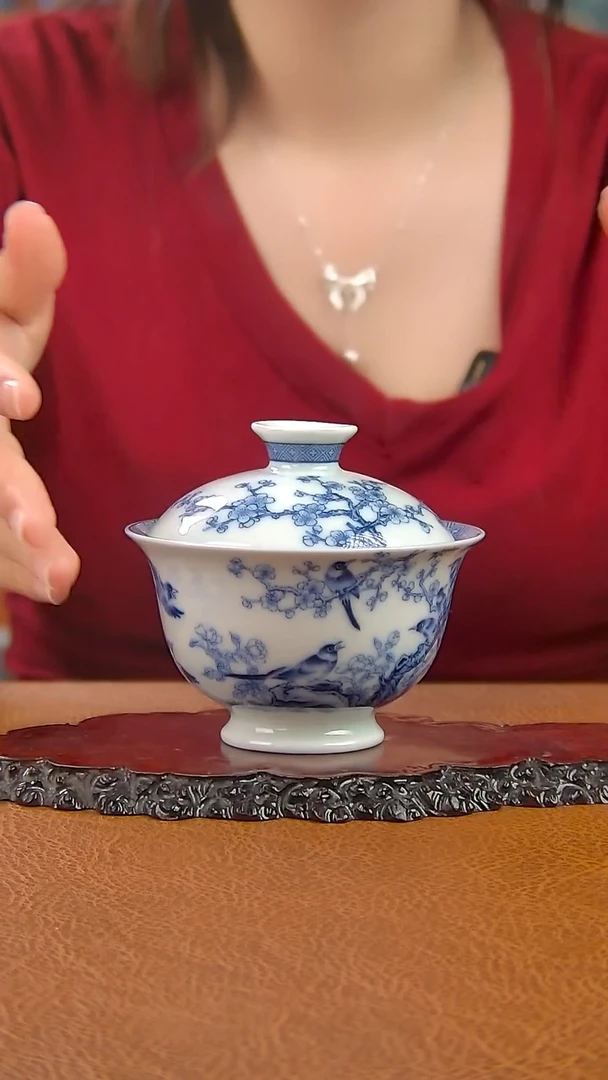 景德镇手工青花喜上眉梢盖碗