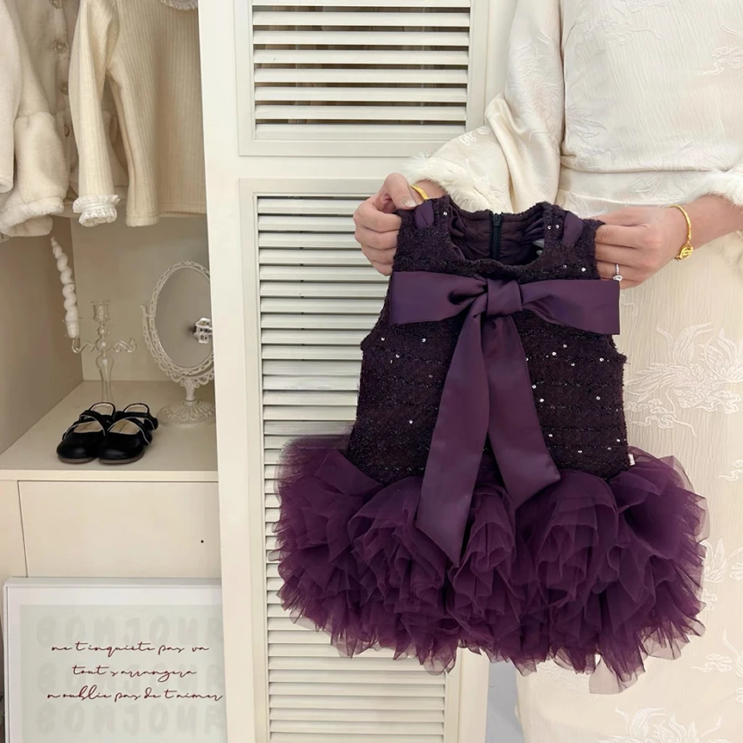 女童秋冬新款儿童连衣裙礼服背心气质紫色小香风裙子