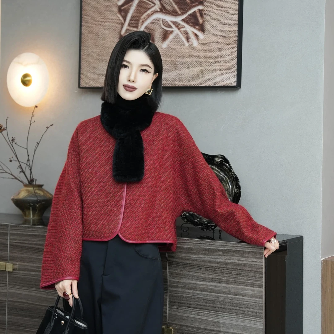 POPULARYW【雾虹】气质时尚圆领单排扣宽松短款大衣外套