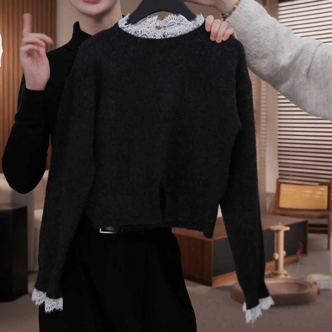 高级感蕾丝拼接立领针织衫女2025秋冬新款设计感气质减龄显瘦上衣