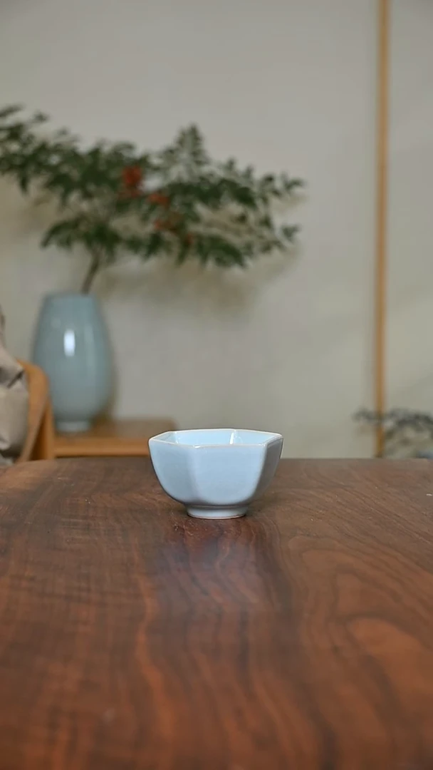 六方杯 天青 微瑕 朱家汝窑款