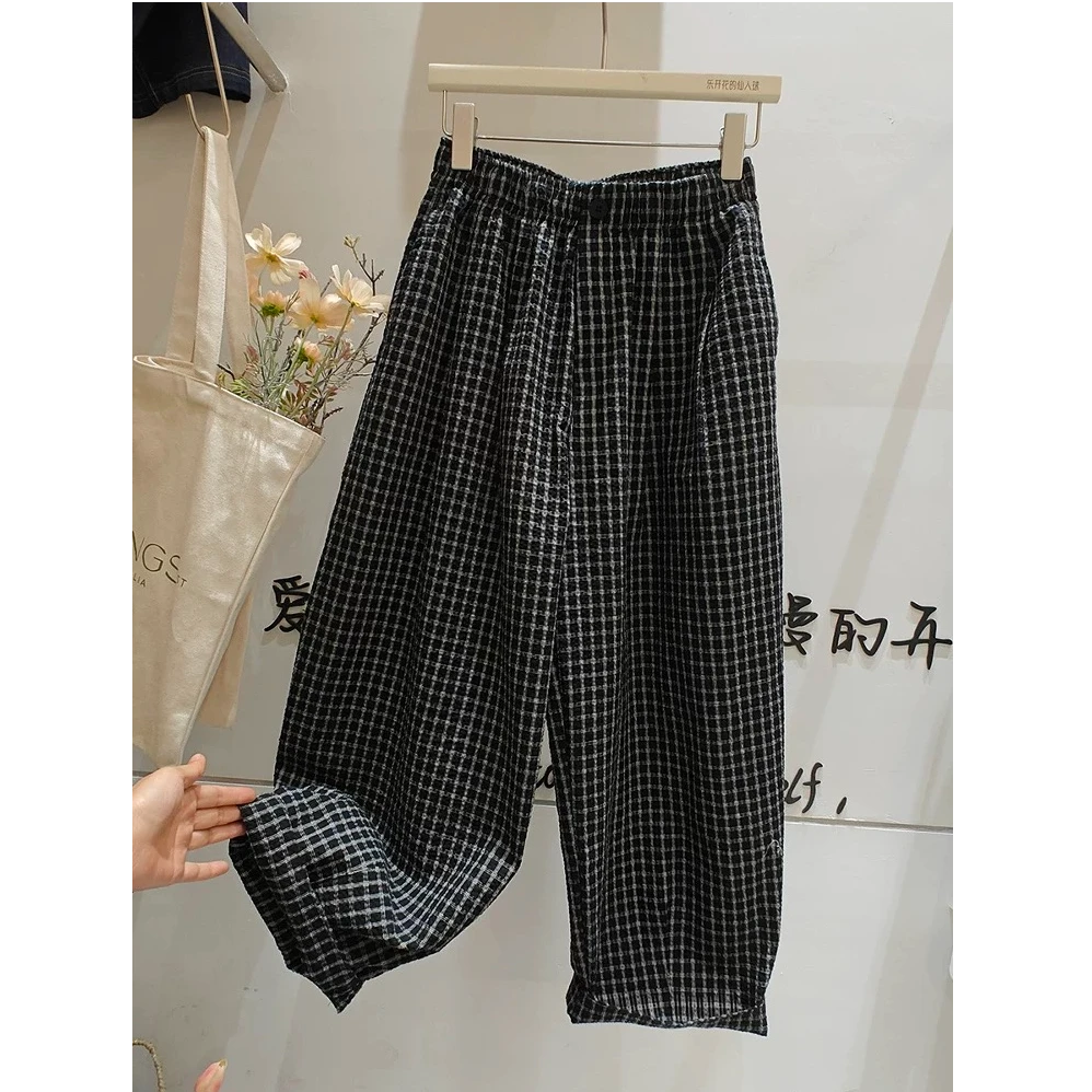 H031格子薄款休闲裤亚麻格纹灯笼裤百搭