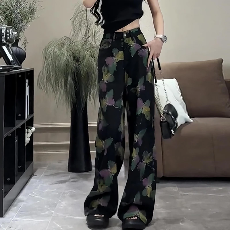 欧洲站欧货春秋新款休闲黑色个性蝴蝶印花牛仔裤女高腰宽松阔腿裤