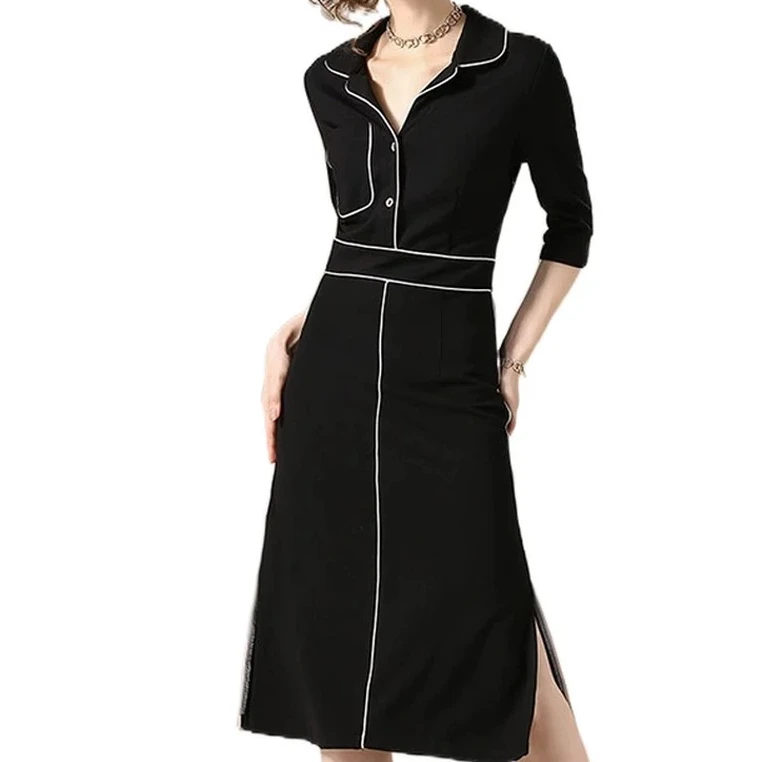 【品牌撤柜】春款女装2025翻领气质单排扣收腰连衣裙高级感H119