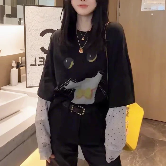 欧洲站2025春夏新款时尚圆领气质印花宽松显瘦假两件长袖T恤女