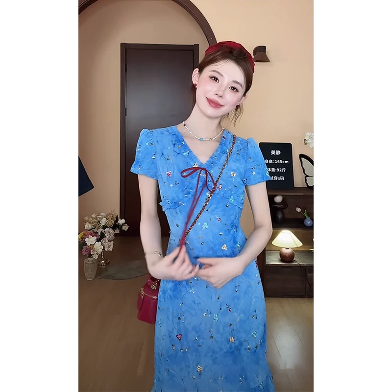 法式气质蓝色时尚连衣裙女夏季新款中长款显瘦长款碎花裙子