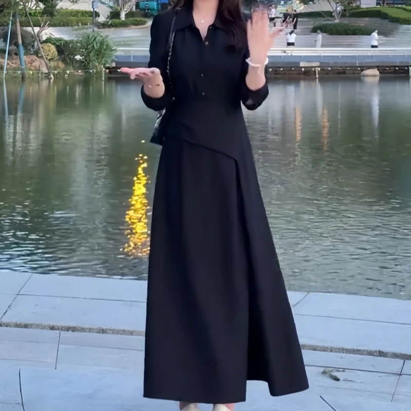 早秋大码胖mm法式polo领长袖连衣裙时尚风收腰显瘦遮肉休闲连衣裙