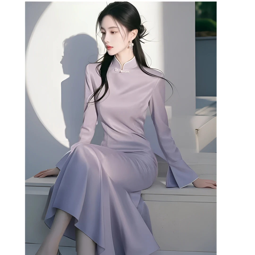 新中式国风改良旗袍高级感大方得体气质收腰紫色连衣裙女2025秋季