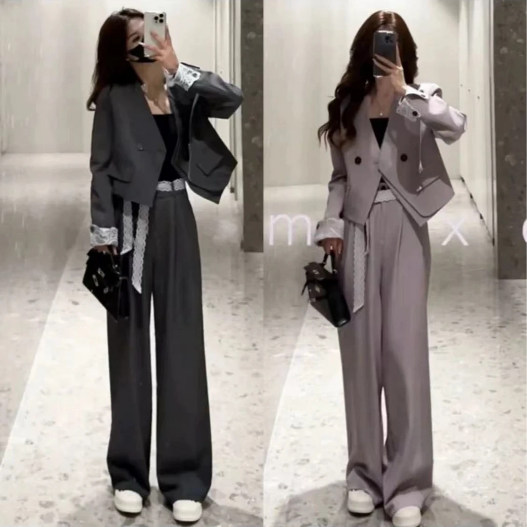 【现货】2025新款时尚套装显瘦百搭气质短款西装外套+阔腿裤两件套