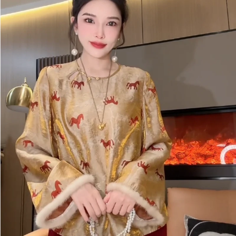 2025冬季新款高级新中式国风印花衬衫女长袖宽松圆领上衣轻奢女装