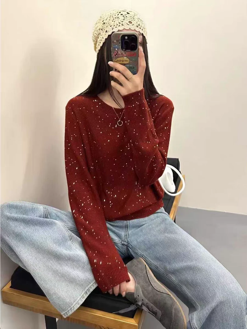 时尚感星空点纱圆领针织毛衣女秋冬新款宽松洋气显瘦打底小衫