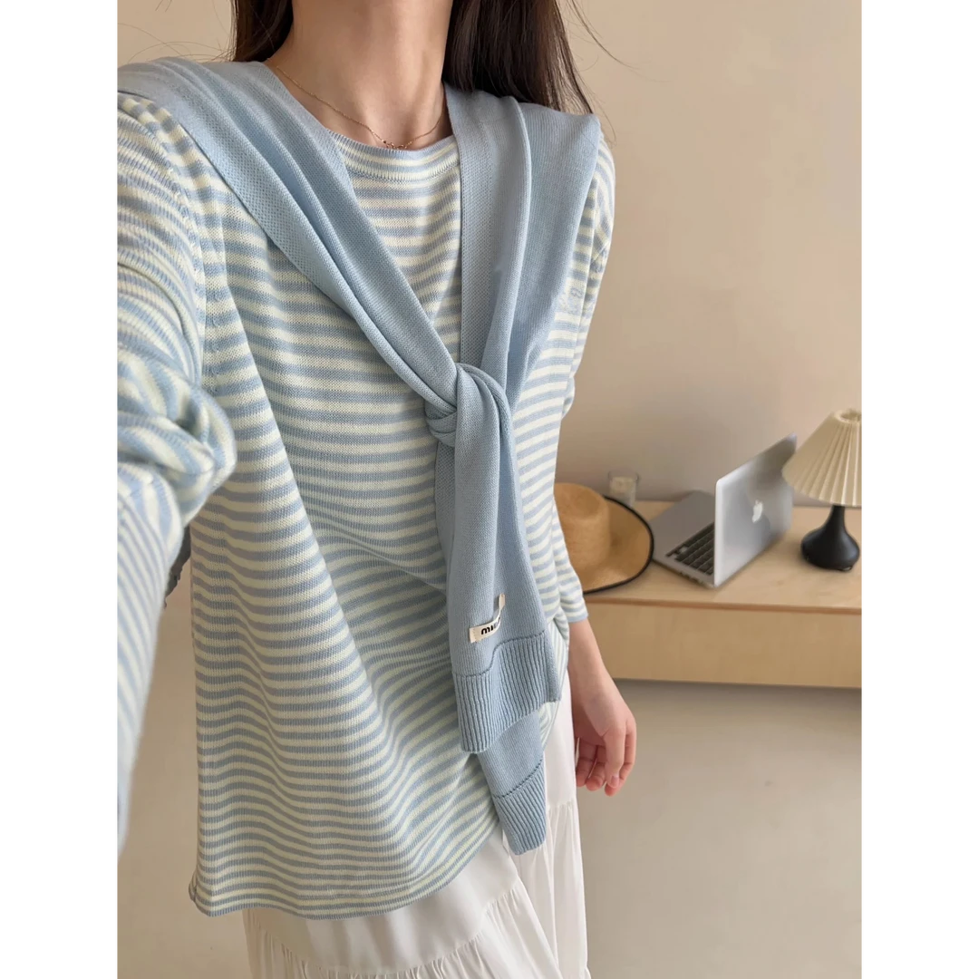 多巴胺蓝色条纹夏季披肩长袖防晒针织上衣女2569