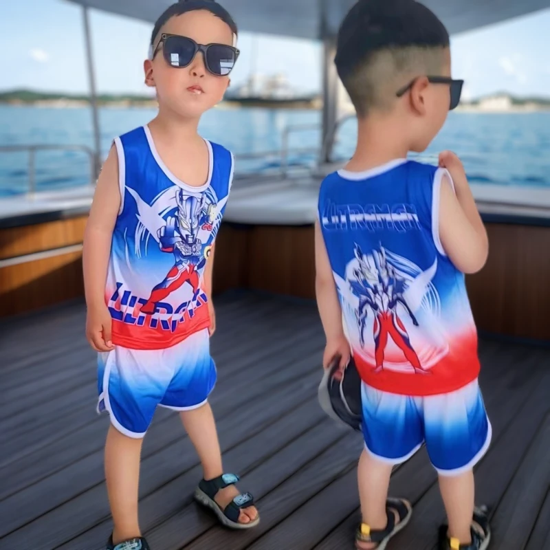 2025爆款男童3D亮灯款动漫奥特曼蜘蛛侠背心套装冰丝速干透气短款