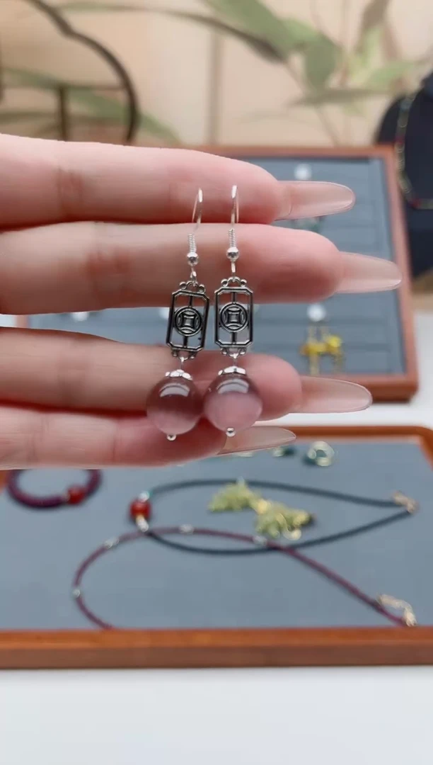 石英质玉银S925镶嵌耳饰510