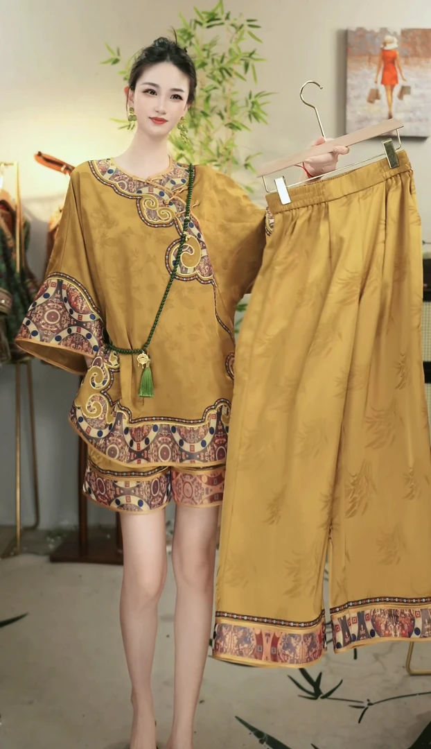 夏维莲2025夏季新款大码显瘦时尚苍黄色上衣短裤(1588+1578)