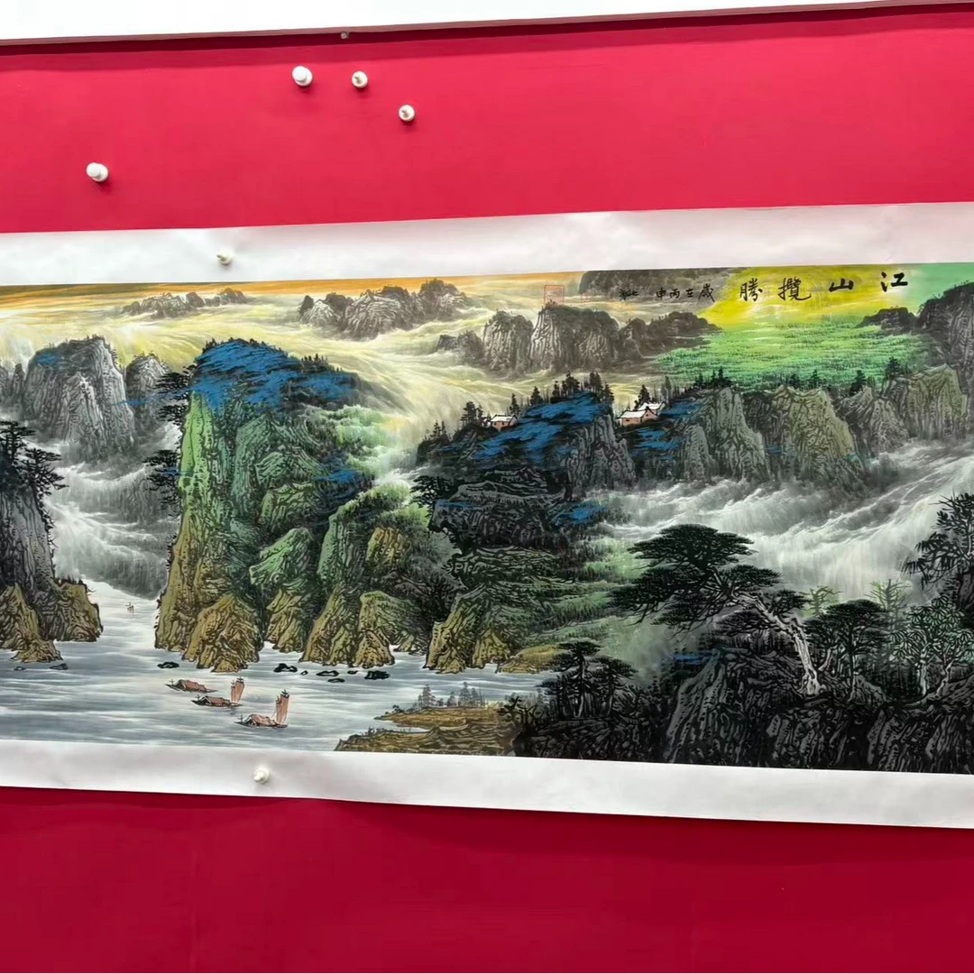 李新社手绘宣纸八尺横幅江山揽胜山水画