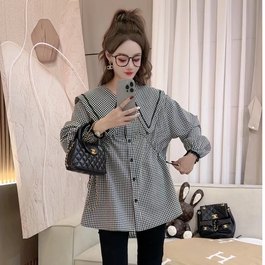 衬衣春秋格子中性风宽松娃娃领百搭春季长袖落肩袖时尚洋气衬衫