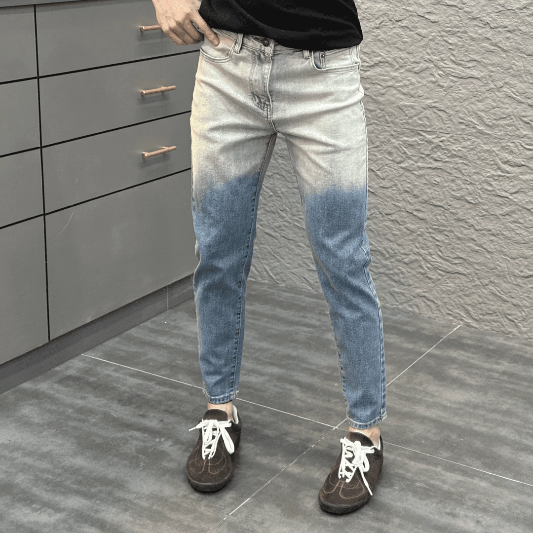 渐变2025春夏新款时尚休闲百搭潮流轻奢男士修身小脚弹力牛仔裤