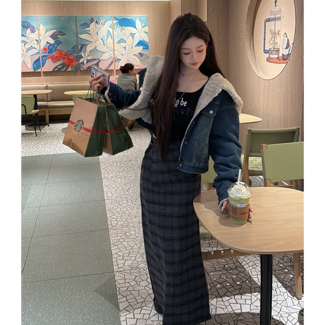 21DEGREES羔羔毛牛仔外套黑色字母长袖上衣羊毛灰格毛呢长半裙