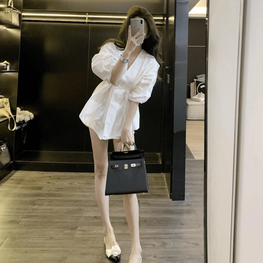 衬衫女高级设计感白色半袖夏系带法式气质时尚洋气开衫中长款上衣