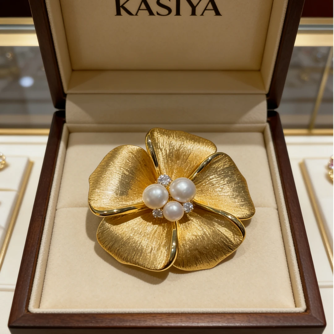 kasiya/卡思雅 铜合金胸针 哑金色拉丝五瓣花胸针时尚款