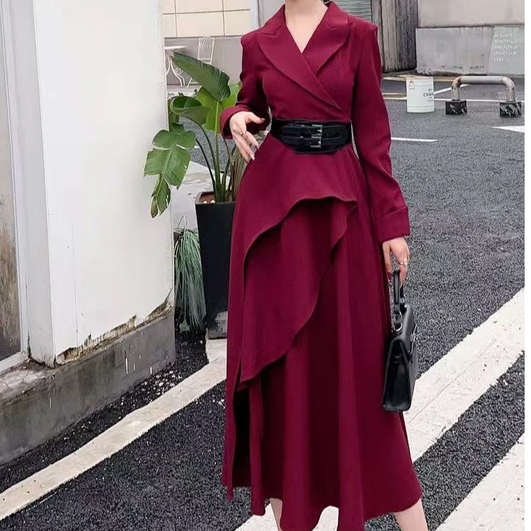 小众设计气质收腰西装领荷叶边拼接修身长款连衣裙61621