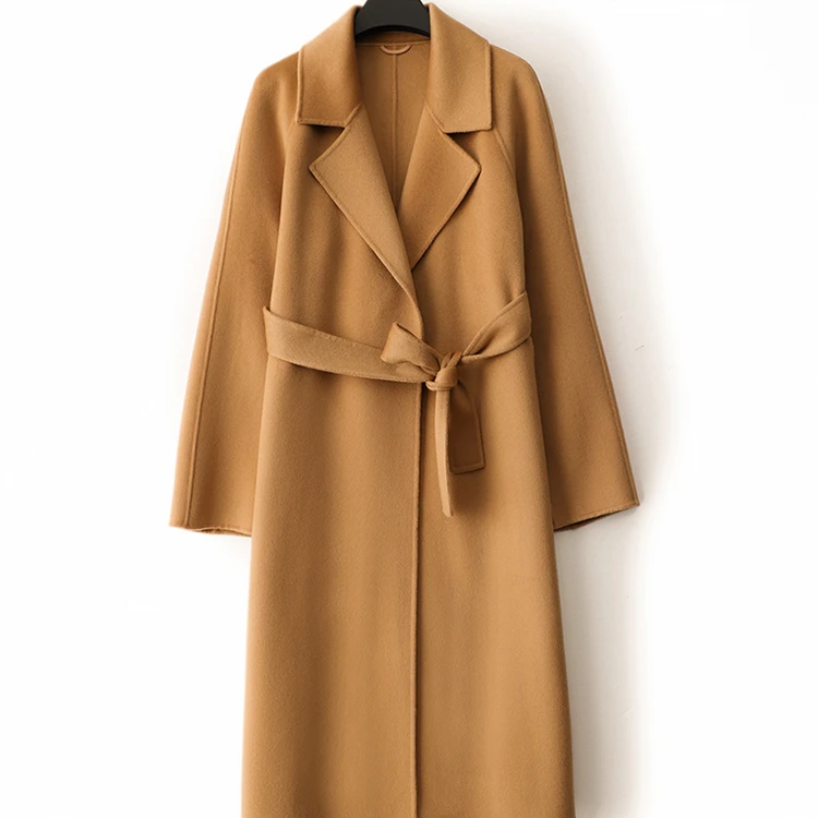 不议价】女士纯羊绒西装领时尚针织长袖系带无扣中长款双面妮大衣