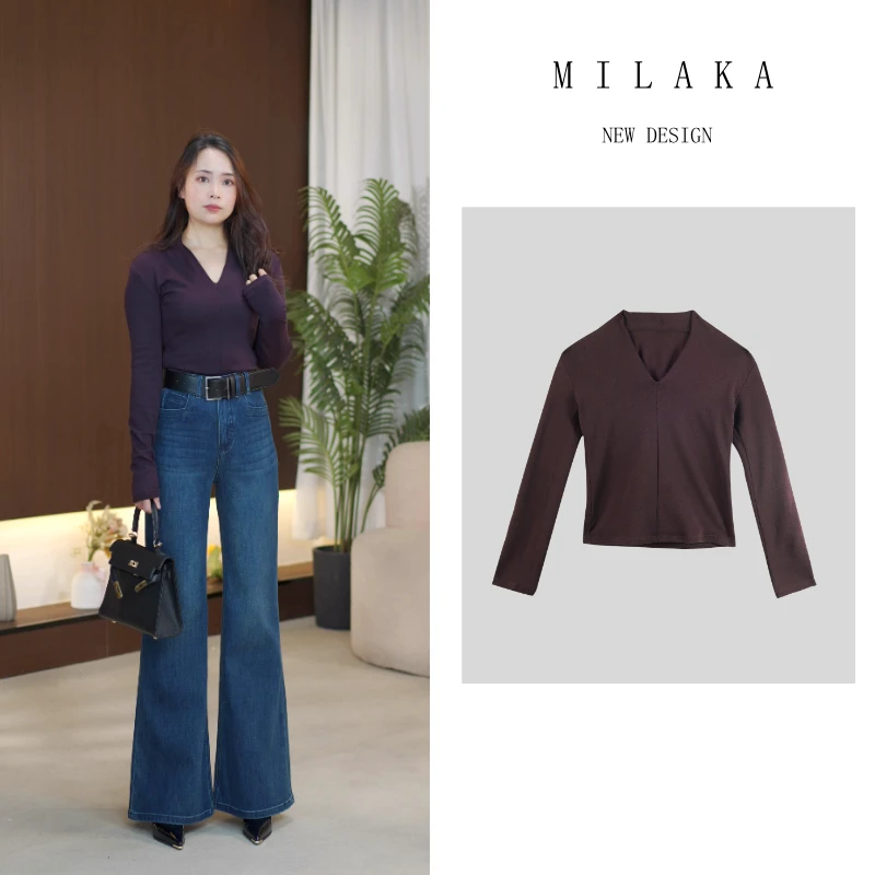 【素约致雅】时尚纯色正肩V领长袖T恤秋季韩系设计感修身打底衫上衣