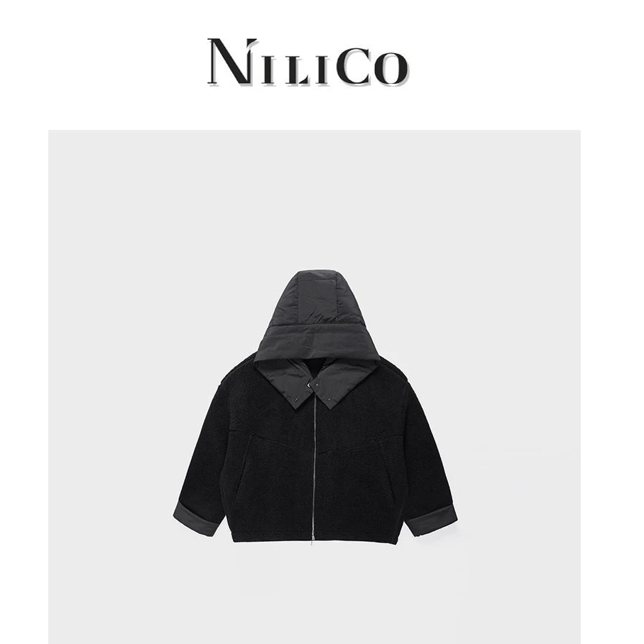 NILICO【美究】高含量进口羊毛舒适小众设计感茧型拼接毛绒百搭外套