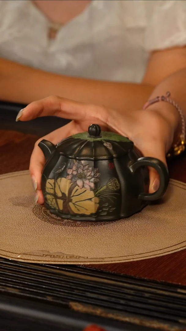茶壶紫砂宜兴紫砂WJ 绿泥 筋纹扁晨