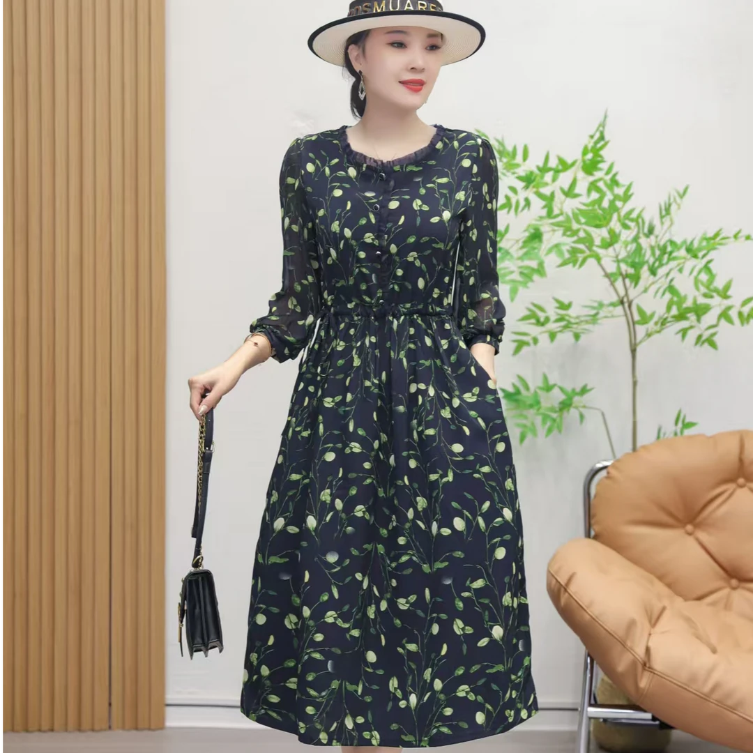 [花秋雅致]新款高端定制气质显瘦遮肉宽松韩版女士连衣裙