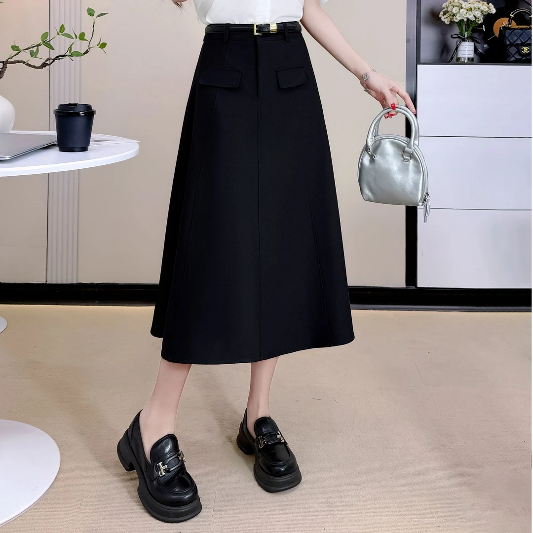 a字西装半身裙女2025新款春季后松紧高腰垂感伞裙显瘦中长裙-2507