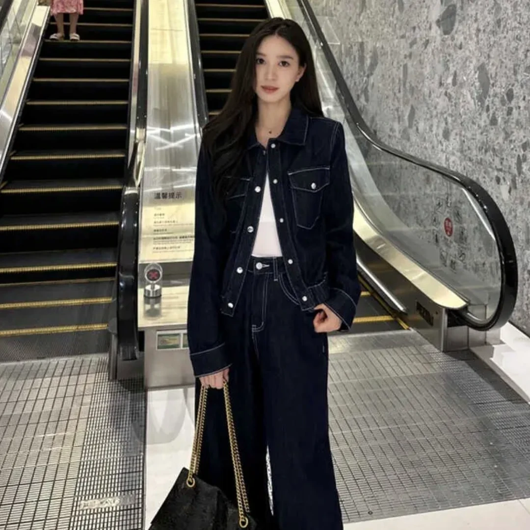 时尚复古港风套装女2025年春秋季新款宽松显瘦阔腿裤上衣两件套