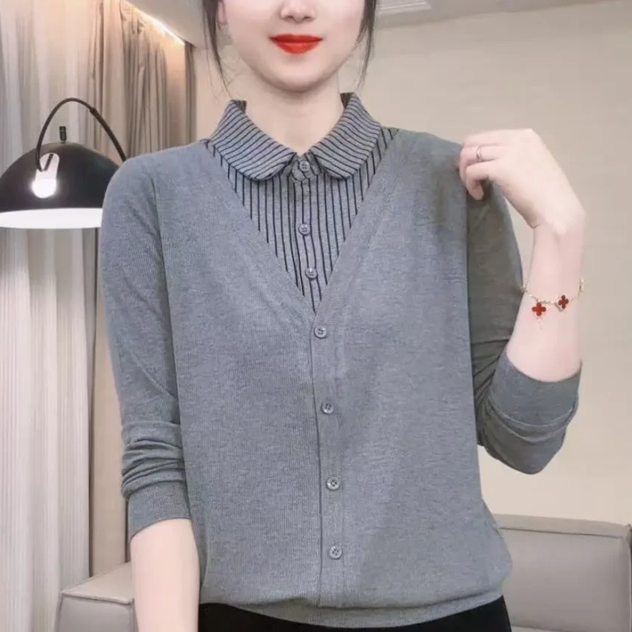 春季新款假两件打底衫气质百搭显瘦减龄设计感套头条纹拼接上衣女