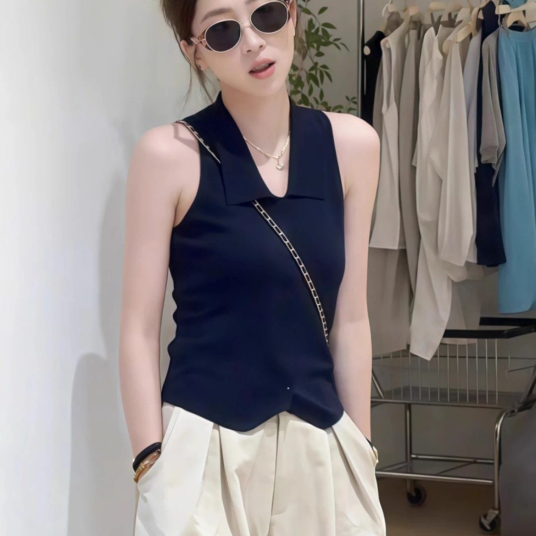 法式Polo领蓝色针织无袖吊带背心女夏季高级感坎肩外穿冰丝小上衣