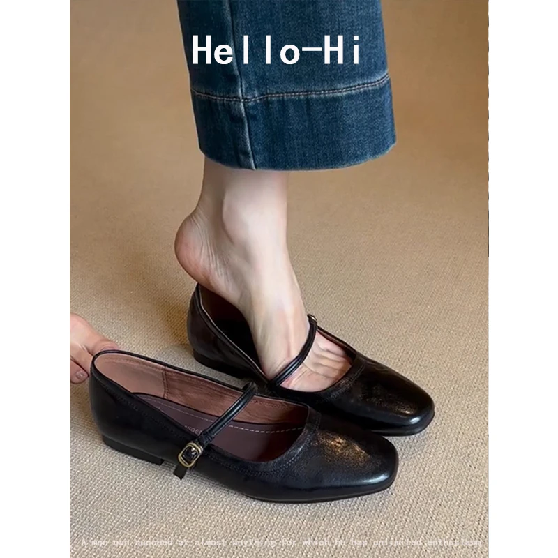 羊皮版~法式简约复古一字扣带玛丽珍鞋女平底气质浅口单鞋小皮鞋
