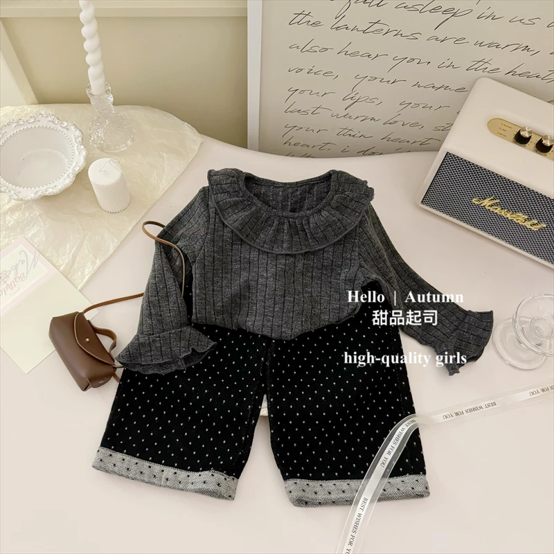 【甜品起司】好韩系！女宝宝洋气时髦荷叶娃娃衫点点阔腿牛仔裤