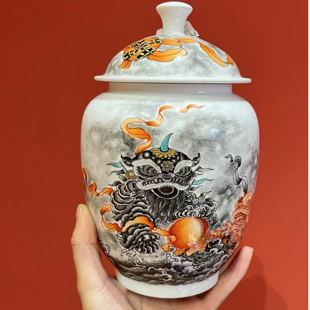 【非遗茶空间】景德镇作品墨彩瑞兽茶叶罐A6046